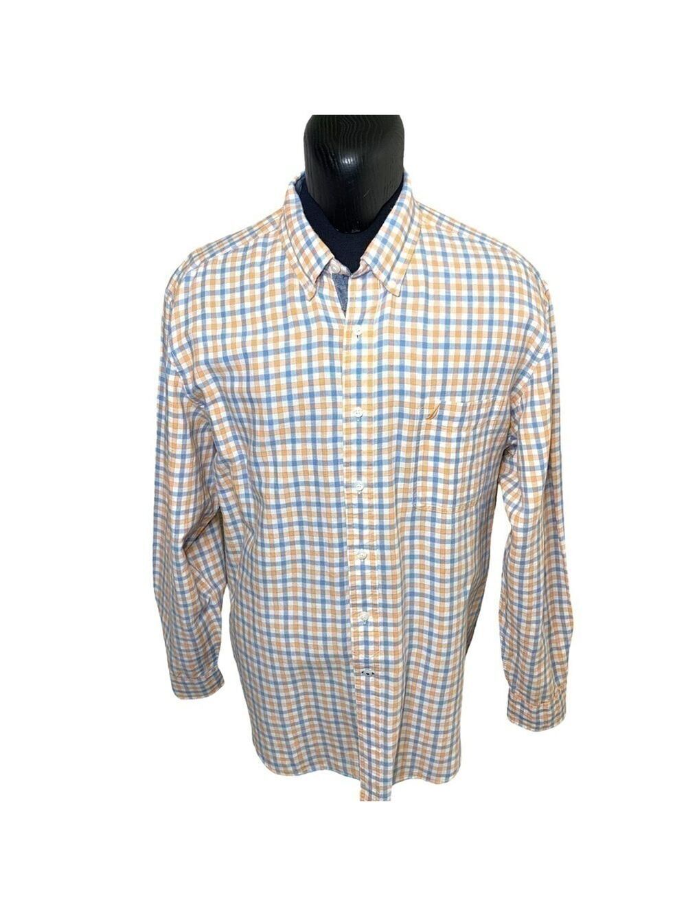 Nautica Blue Orange Plaid Linen Blend Casual Button Down Shirt Long Sleeves XXL